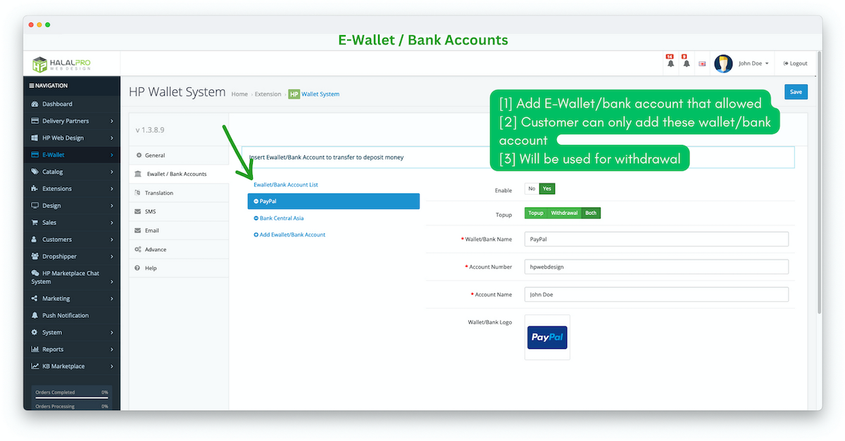 add bank account and wallet admin account on opencart wallet